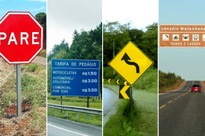 placas de trânsito vermelha pare azul pedágio amarela advertencia marrom localização