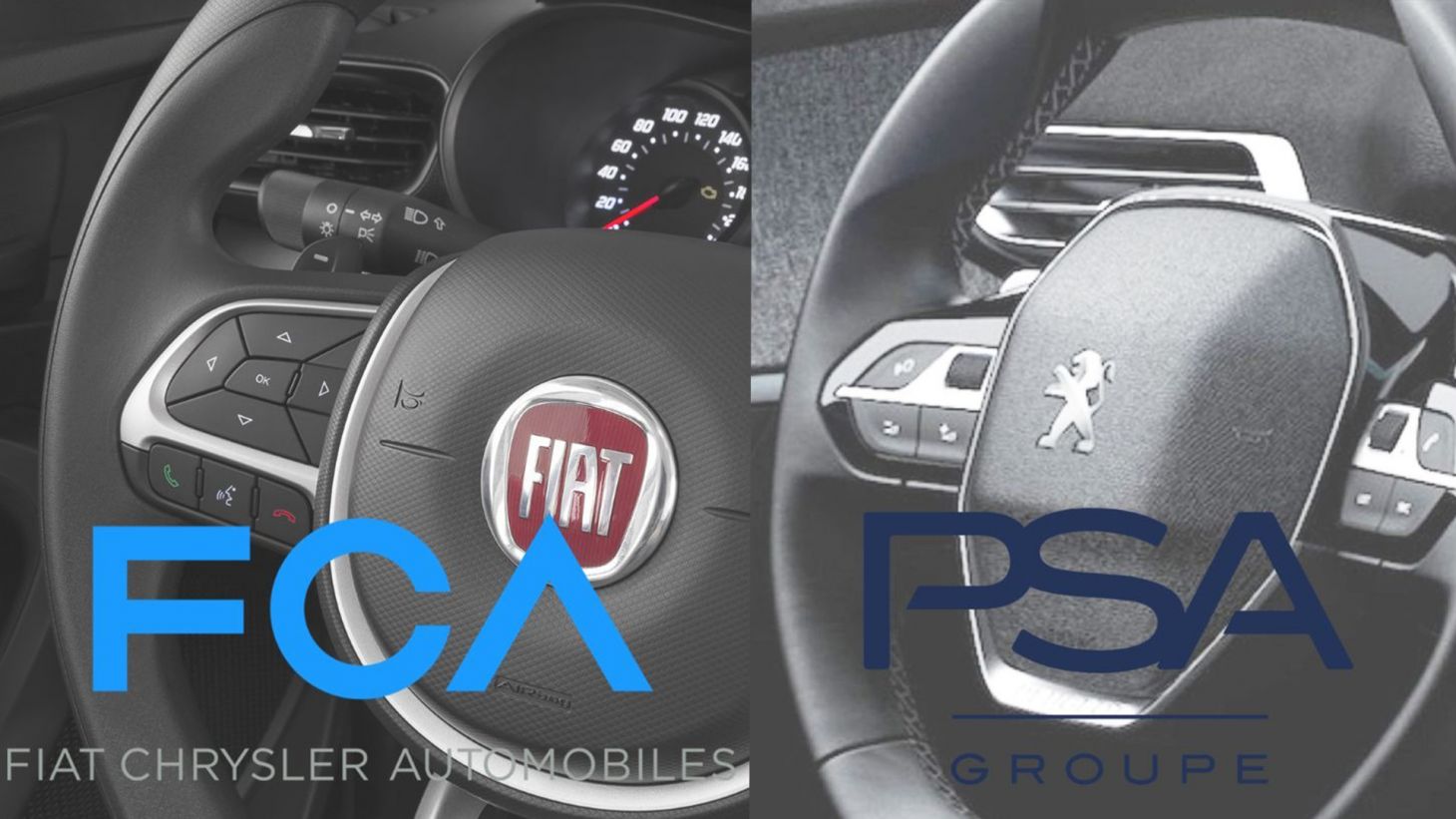 Volante de um carro da Fiat junto de outro da Peugeot com as logos da FCA e PSA simulando uma fusão das marcas