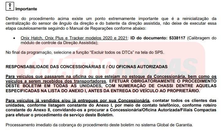 comunicado recaal branco de chevrolet onix e tracker