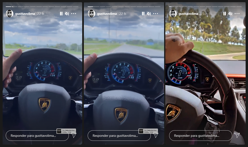 prints dos stories do gusttavo lima mostrando painel e volante de sua lamborghini