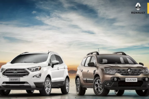 ecosport branco ao lado de renault duster em cartaz que homenageia o suv da ford