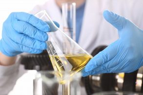 tecnico com luvas de borracha analisa gasolina dentro de erlenmeyer em laboratorio foto shutterstock