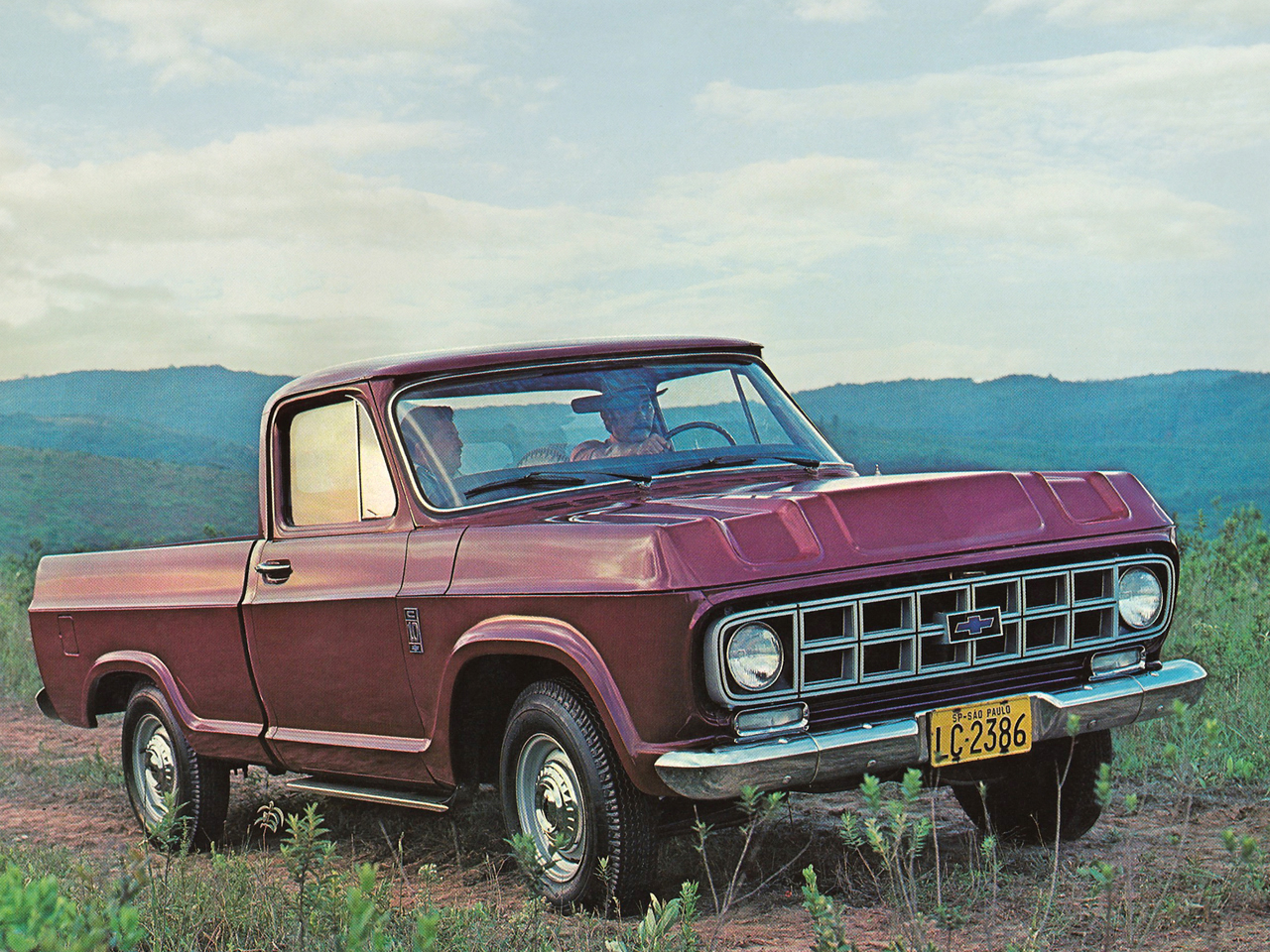 chevrolet c10 vermelha frente em um campo