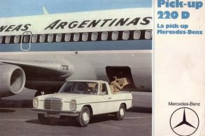 merceds benz 220 d pick up branca de frente em material publicitario