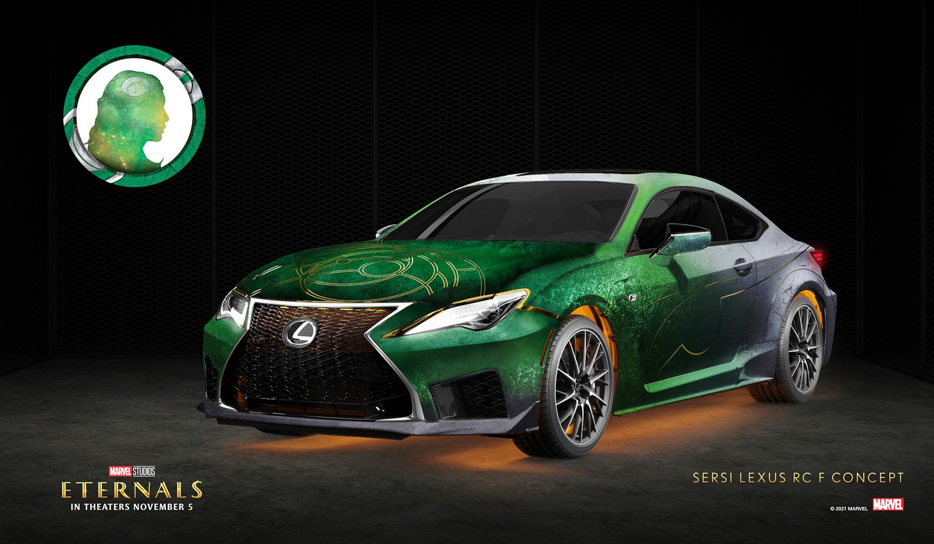 Sersi x Lexus RC F: Um dos carros mais poderosos da Lexus, o RC F, é pareado com um dos personagens mais poderosos do filme, Sersi, interpretado por Gemma Chan.