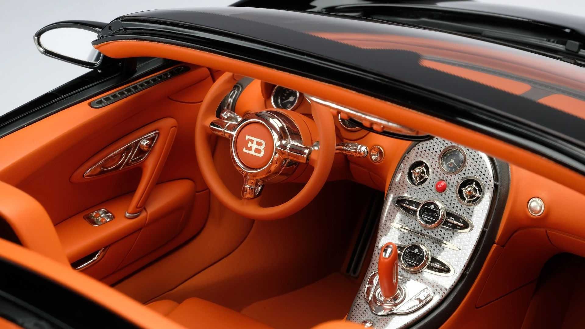 Detalhes interior em laranja da miniatura do Bugatti Veyron