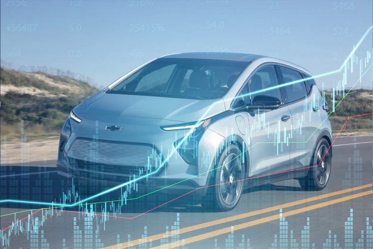 ilustração chevrolet bolt com gráfico de alta precos carro eletrico