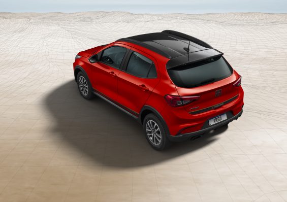 fiat argo trekking 1 3 2023 vermelho traseira visto de cima parado em estudio