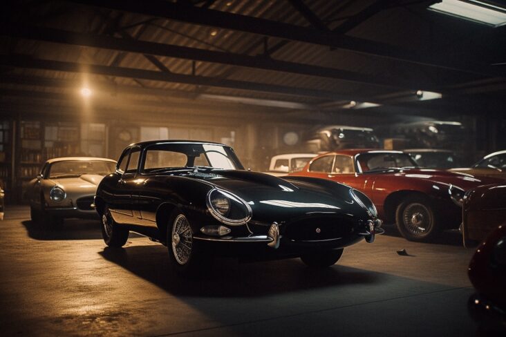 sustain classic jaguar e type series 1 em garagem com outros classicos