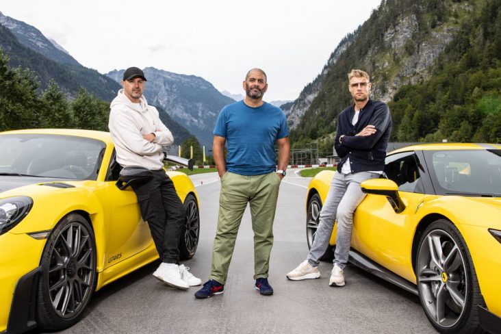 top gear bbc integrantes diante de 911 gt3 rs e ferrari sf90