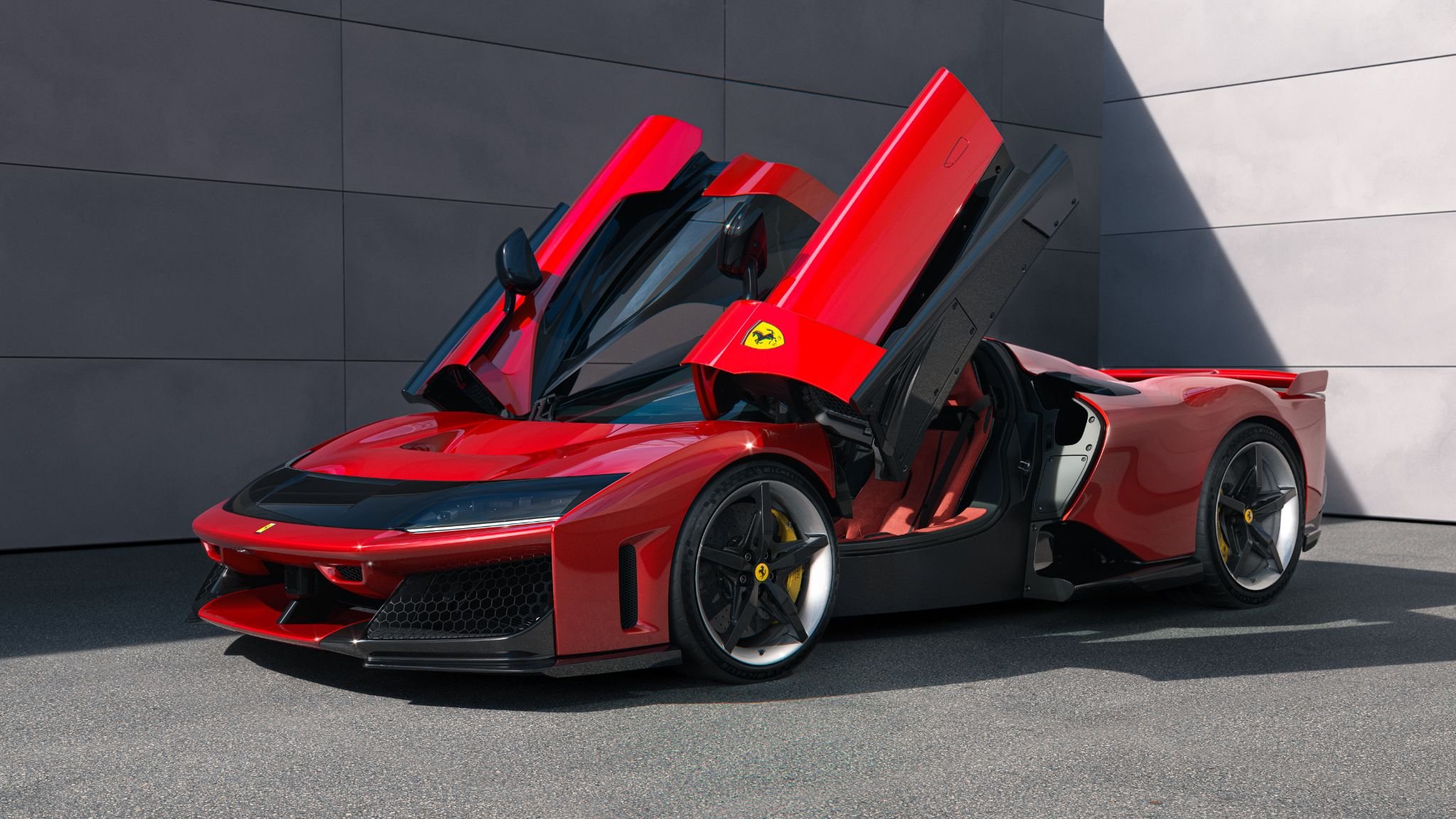 ferrari f80 vermelha frente parada com portas abertas