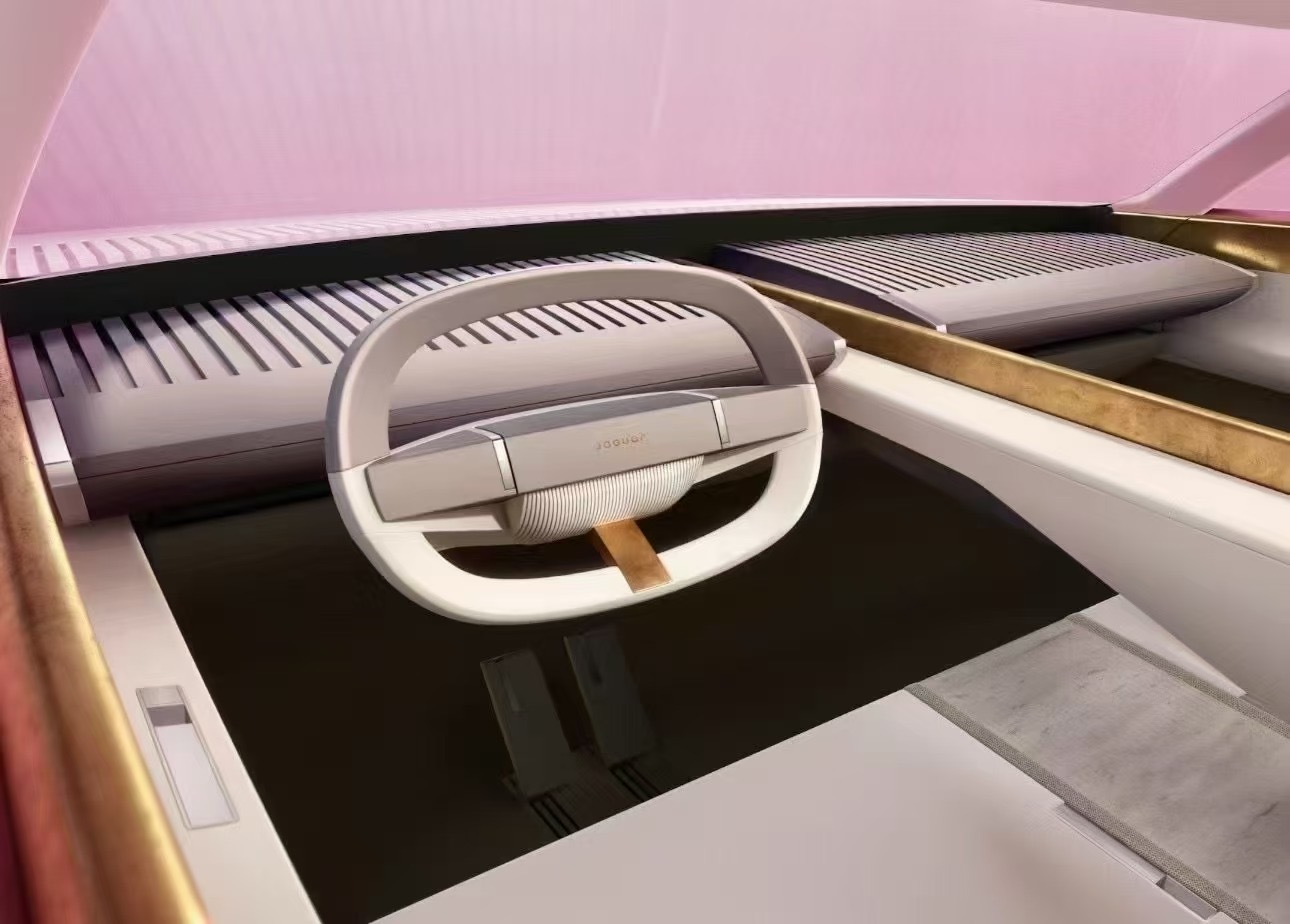 Novo conceito Jaguar vazado interior minimalista painel e volante branco e dourado imagem digital