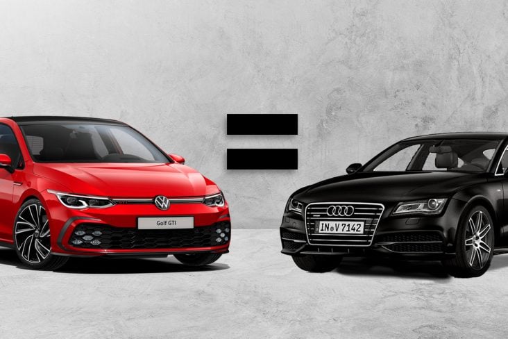 Na esquerda Golf GTI vermelho e na direita o Audi preto, no centro um sinal de igual peças