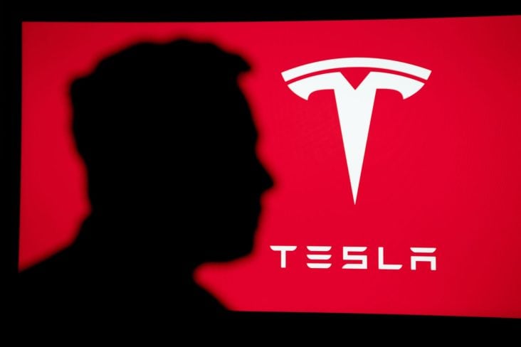 silhueta de Elon Musk em frente a grande painel vermelho com logo da Tesla em braco ao fundo