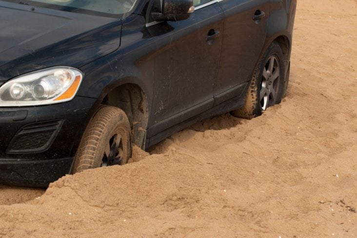 Car,Stuck,In,The,Sand ,A,Black,Passenger,Car,Stalled