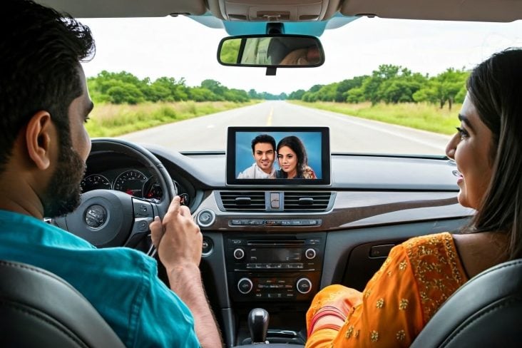 Casal assistindo entretenimento em tela no painel do carro enquanto o homem dirige