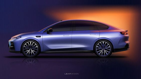 Leapmotor B01 e roxo com iluminação laranja destaque para lateral do carro
