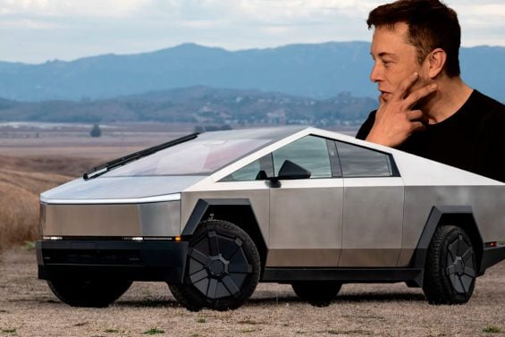 Cybertruck parado no campo e recorte do Elon Musk a direita.