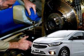 Foto montagem, ao fundo homem trocando oleo de um carro , ao lado correia dentada banhada a oleo, na frente onix branco modelo 2020.