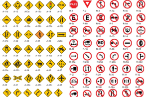 Significados e nomes das placas de trânsito de advertência em amarelo e de regulamentação em vermelho