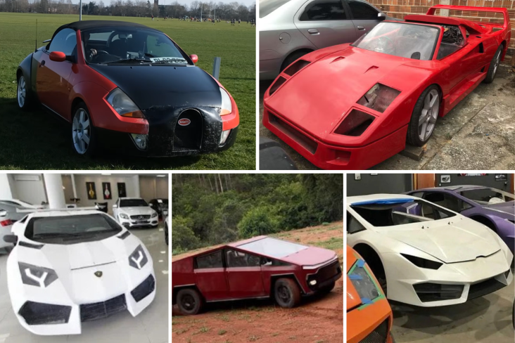 Carros populares que foram transformados em super carros bugatti veyron fake Ferrari F40 réplica Lamborghuno CyberFusca réplicas ferrari e lamborghini
