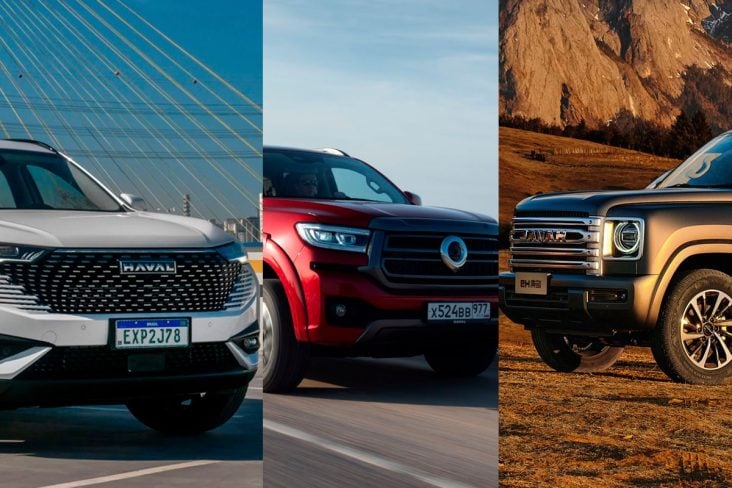 Montagem com os carros da GWM, tela dividida com cada modelo Raval H9 ,H6, Picape Poer.