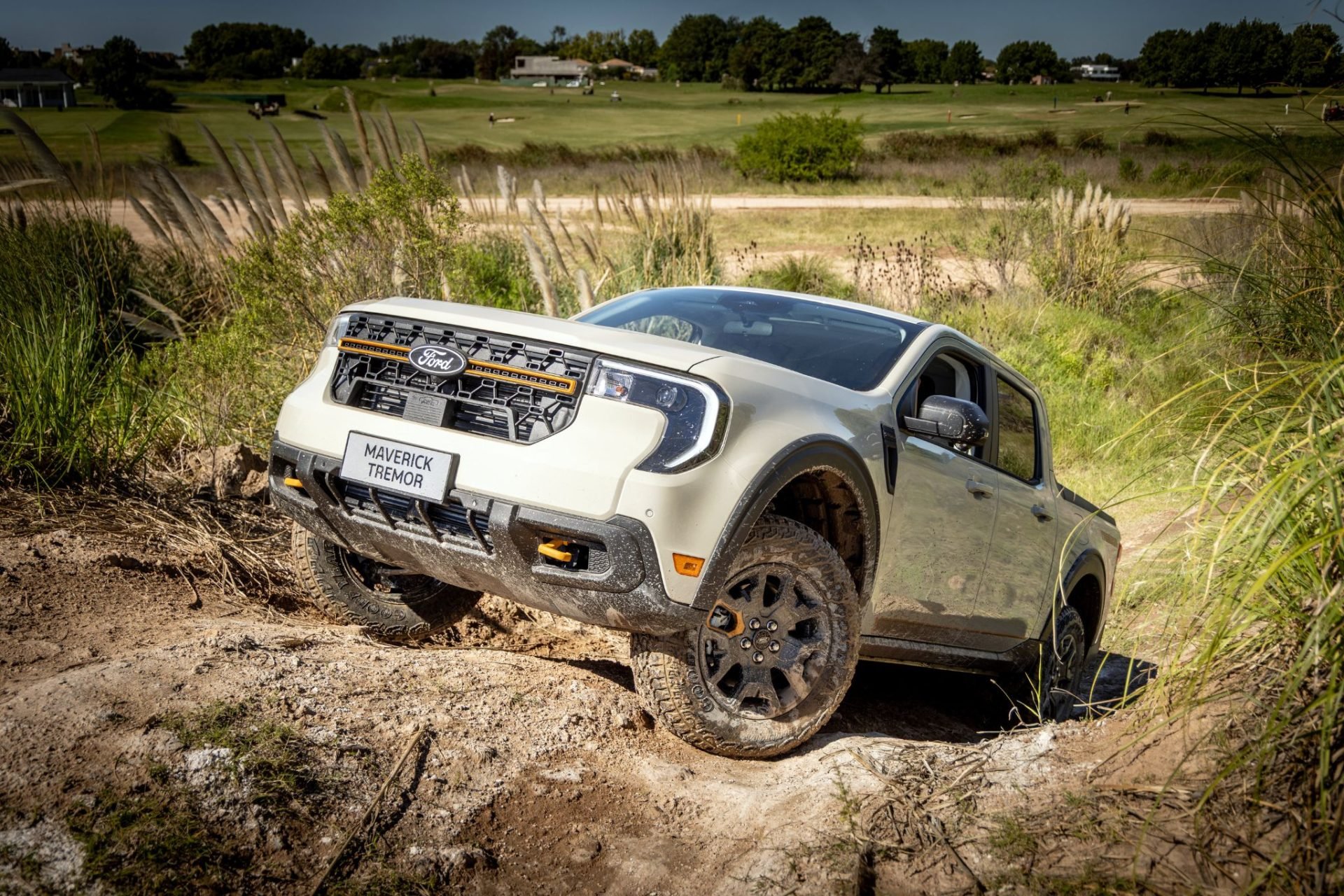 Ford Maverick Tremor cinza frente parada em trihla