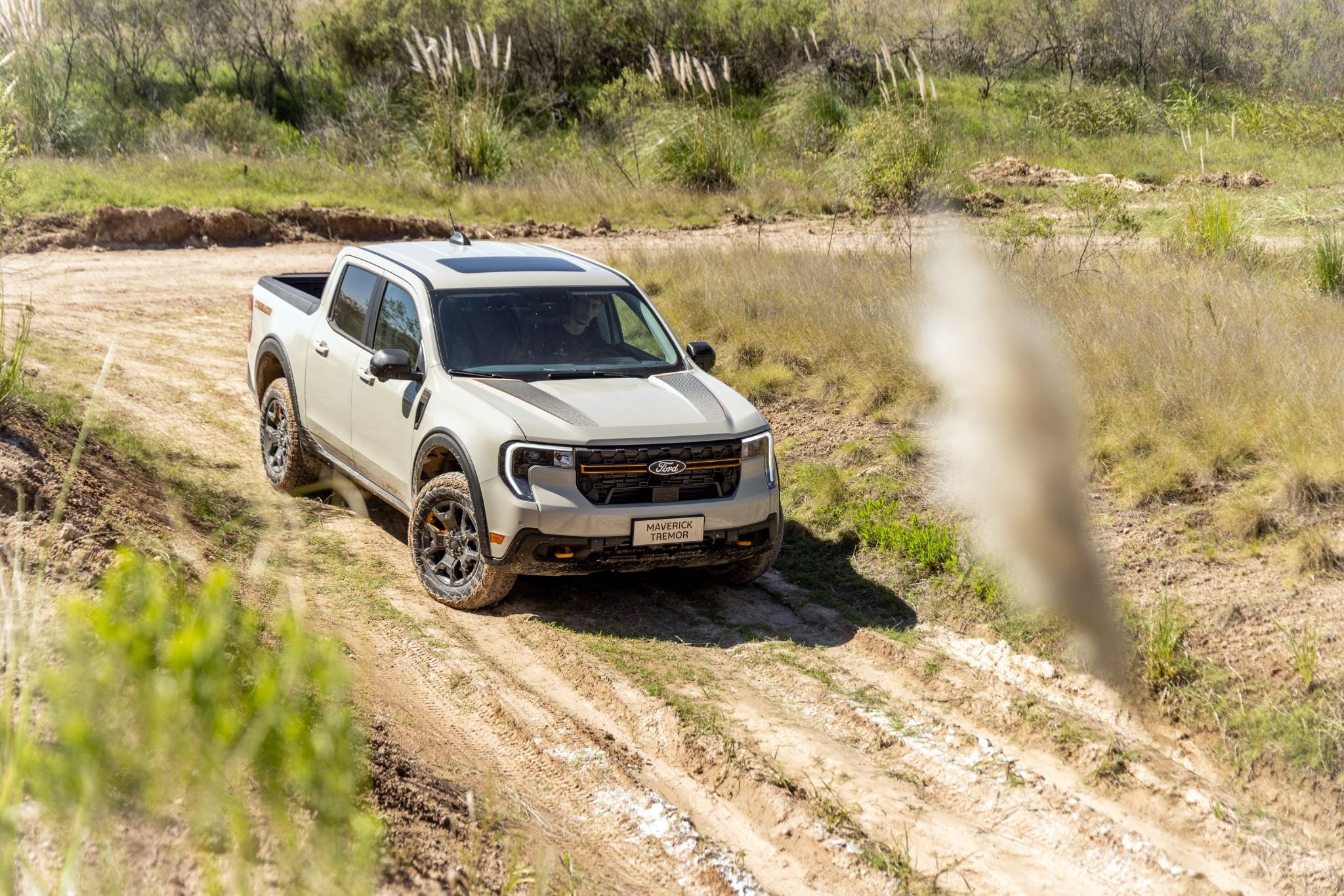 Ford Maverick Tremor cinza parada em trilha