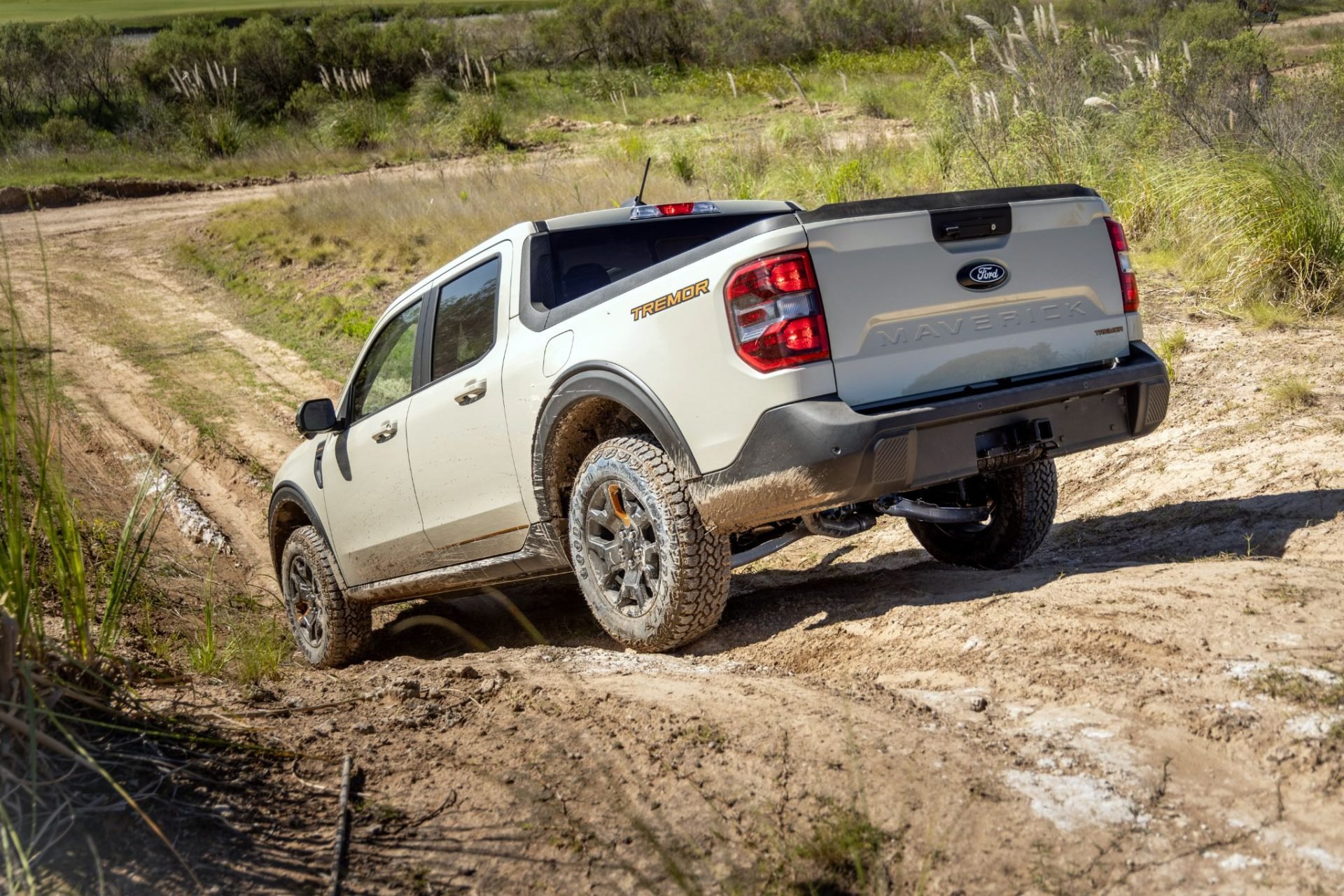 Ford Maverick Tremor cinza traseira em trilha