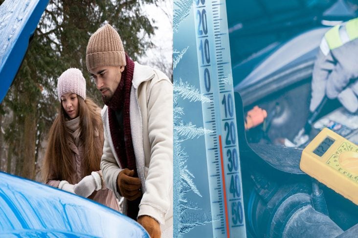 Com capô aberto do carro homem e mulher com roupas de frio olham a bateria do carro na estrada-bateria frio portal.