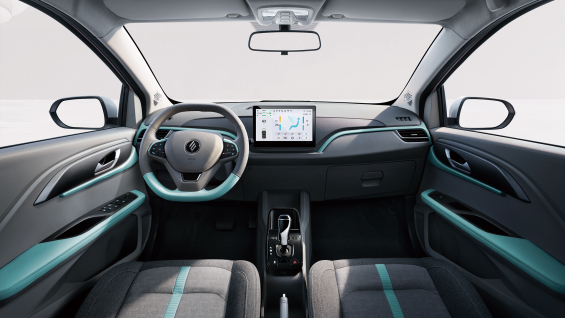 JMEV EV3 carro de autoescola elétrico com câmbio manual interior painel central detalhes em azul