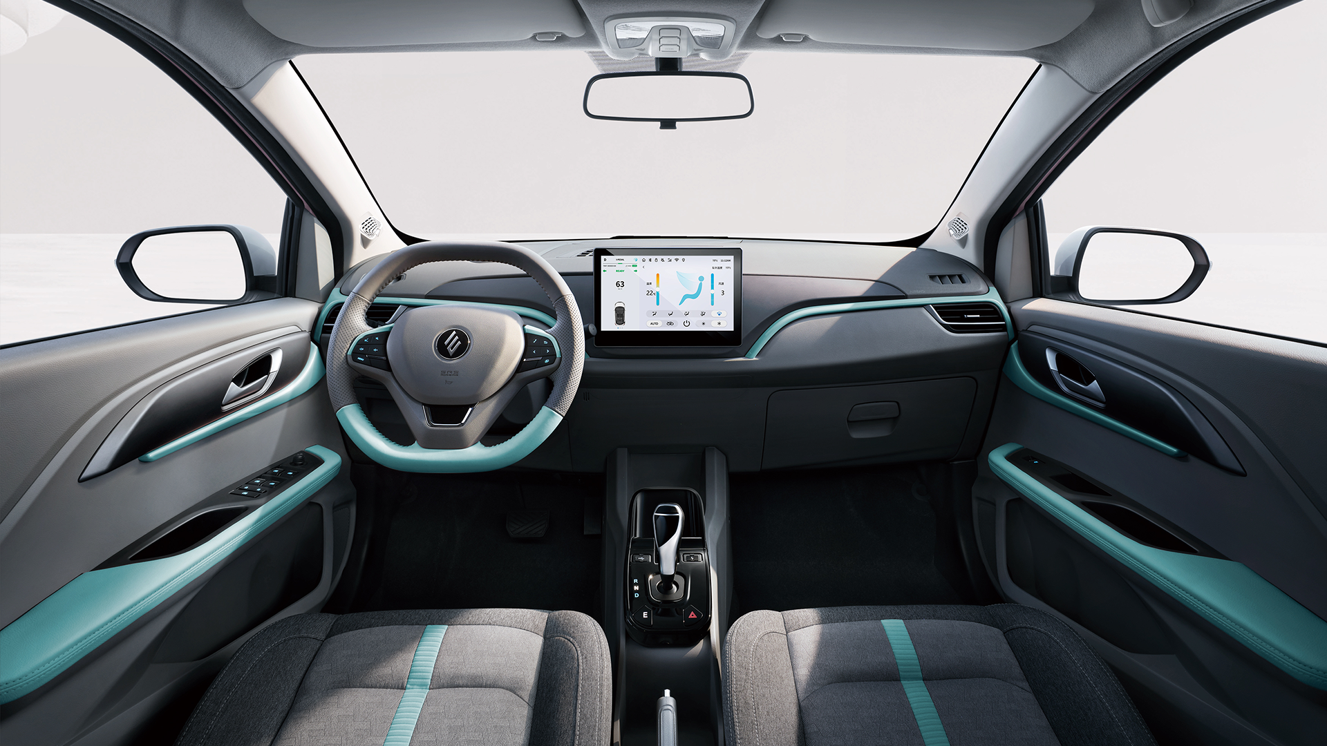 JMEV EV3 carro de autoescola elétrico com câmbio manual interior painel central detalhes em azul