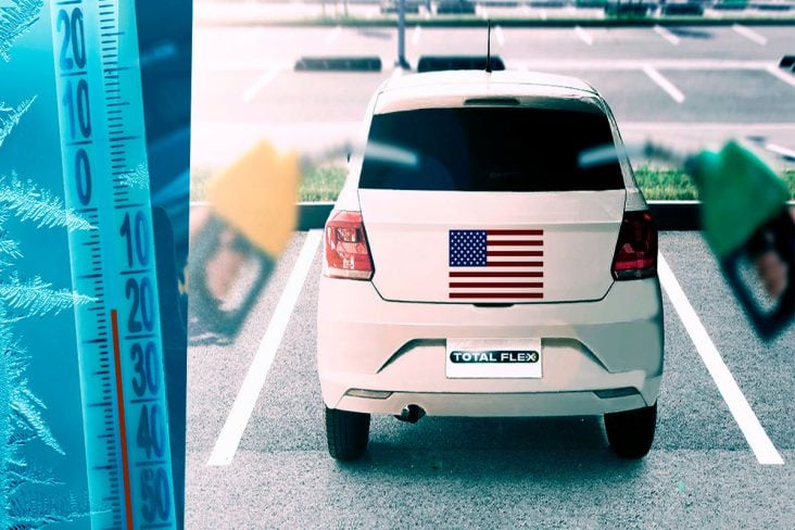 Montagem termômetro gelado, carro no estacionamento escrito total flex e uma bandeira dos EUA, duas mãos segurando bombas de combustíveis amarela e verde.