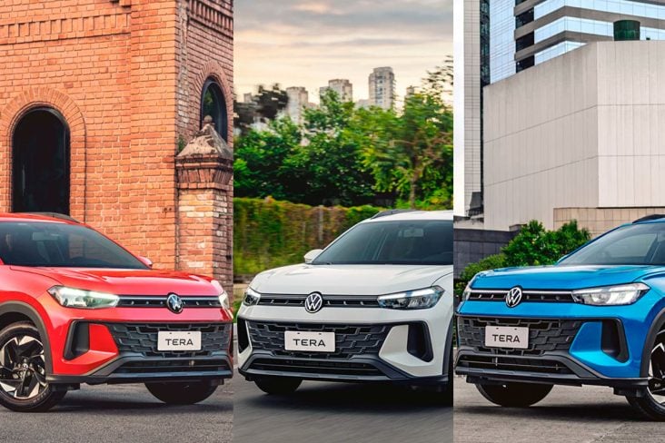 VOLKSWAGEN TERA TSI FRENTE LATERAL TRASEIRA PAINEL (4)-VOLKSWAGEN TERA MPI 2026 FRENTE LATERAL TRASEIRA PAINEL (3)-VOLKSWAGEN TERA COMFORT 2026 FRENTE LATERAL TRASEIRA PAINEL (2) - Montagem das imagens de todos os carros juntos.