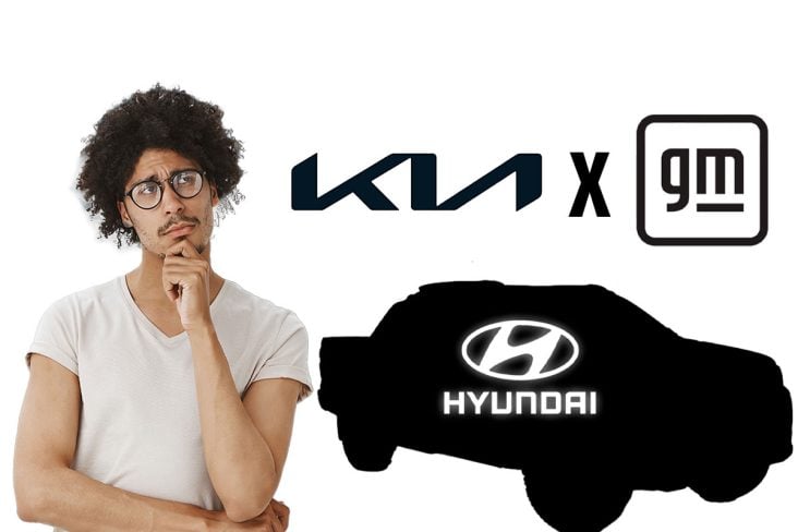 No canto da imagem homem negro com óculos e blusa branca com expressão de dúvida. Caminhonete oculta sem mostrar detalhes com logo da HYUNDAI, logos da Kia e GM lado a lado.