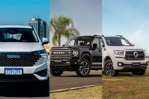 Montagem com os carros da GWM modelo Poer P30 nacional branca frente parado,GWM Haval H9 nacional preto frente parado,gwm haval h6 phev19 branco 2025 frente lateral traseira interior movimento 4
