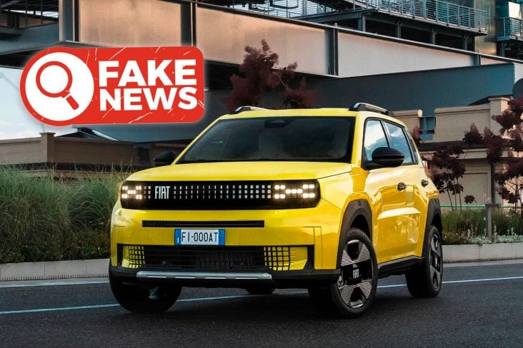 fiat grande panda 2025 amarelo frente parado, montagem escrito fake News