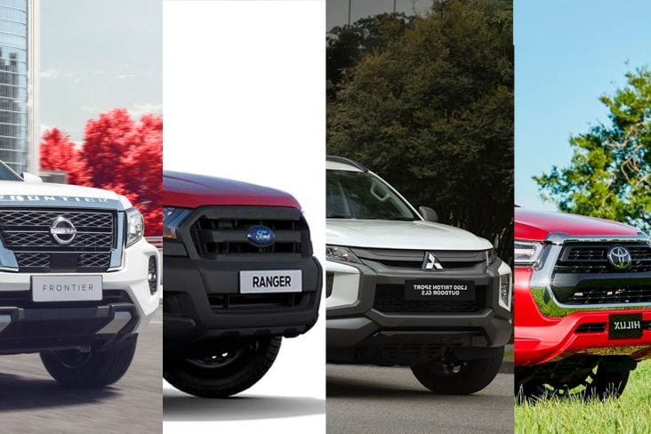 Nissan Frontier ganha kit alargador de paralama,ford ranger xl cabine dupla,mitsubishi l200 triton sport outdoor gls branca frente parada,toyota hilux srx vermelho volcano 2024 frente parada em gramado.