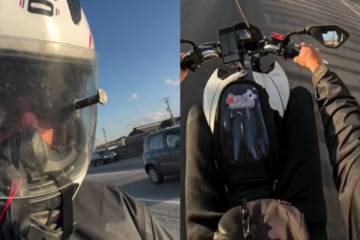 Viseira salva vida de motociclista contra parafuso gigante