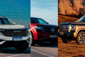 Montagem com os carros da GWM, tela dividida com cada modelo Raval H9 ,H6, Picape Poer.