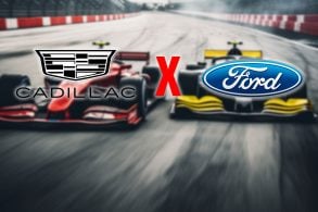 Logo Cadillac versus a logo da Ford, ao fundo carros de formula 1 desfocados.
