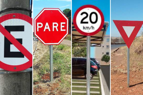placas de regulamentação vermelhas proibido estacionar pare limite velocidade preferencia