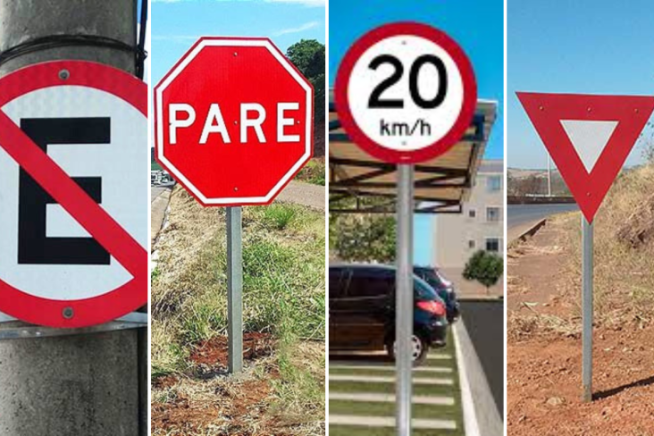 placas de regulamentação vermelhas proibido estacionar pare limite velocidade preferencia