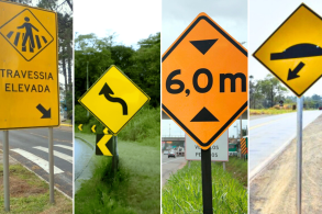 placas de advertência amarelas faixa pedestres elevada curva acentuada limite de altura quebra mola
