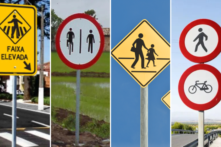 placas de trânsito pedestre faixa pedestre elevada ciclista e pedestre área escolar circulação permitida pedestre