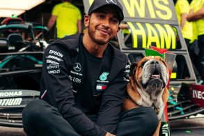 Lewis Hamilton e o seu cachorro Roscoe