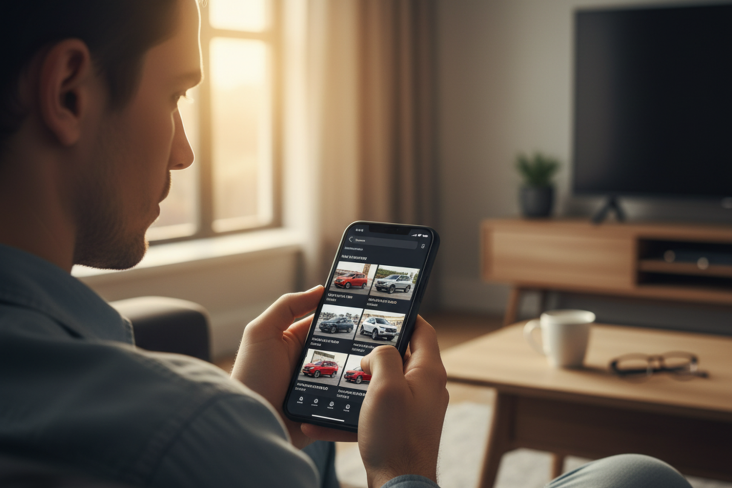 HOMEM PESQUISANDO COMPRA DE CARRO PELO SMARTPHONE GEMINI