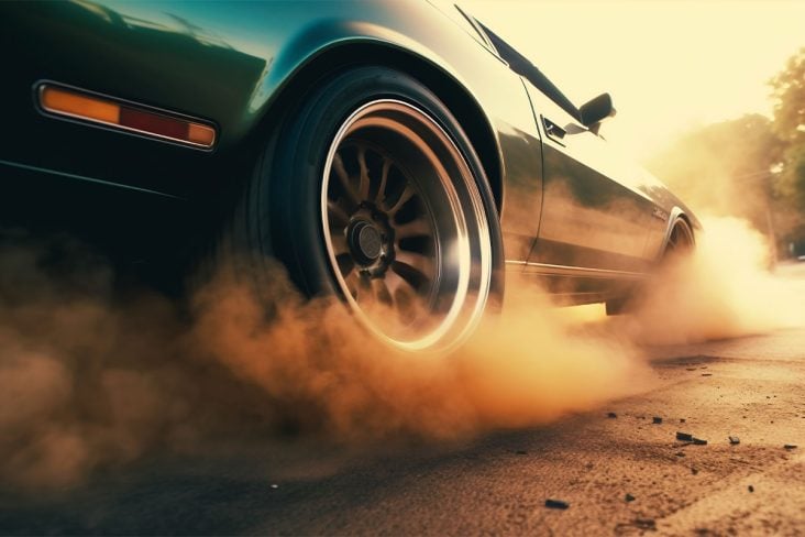 Carro derrapando em alta velocidade, roda traseira levantado poeira do chão
