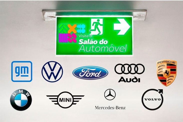 Símbolo de saída verde, logos das marcas GM, Volkswagen, Ford, Audi, Porsche, BMW, Mini Cooper, Mercedes e Volvo.