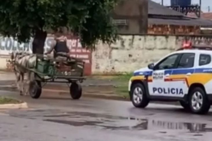 PM de Arrinos (MG) conduzindo uma carroça apreendida